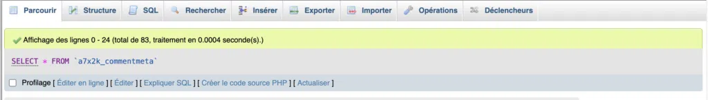 Table renommée avec le nouveau préfixe de base de données affichée dans phpMyAdmin.