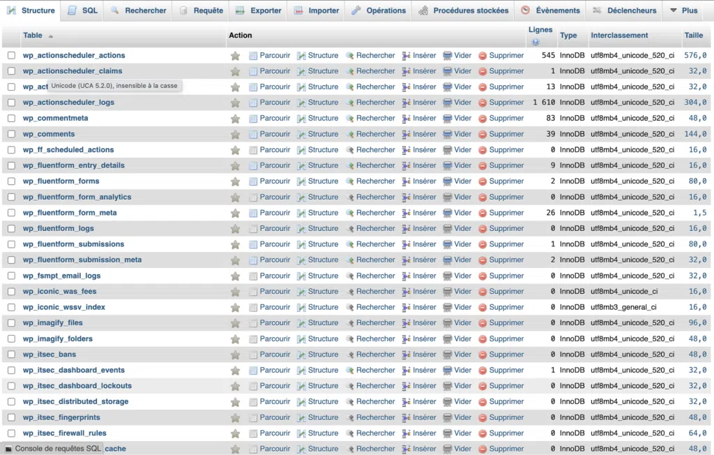 Liste des tables WordPress avec le préfixe wp_ avant le changement de préfixe.