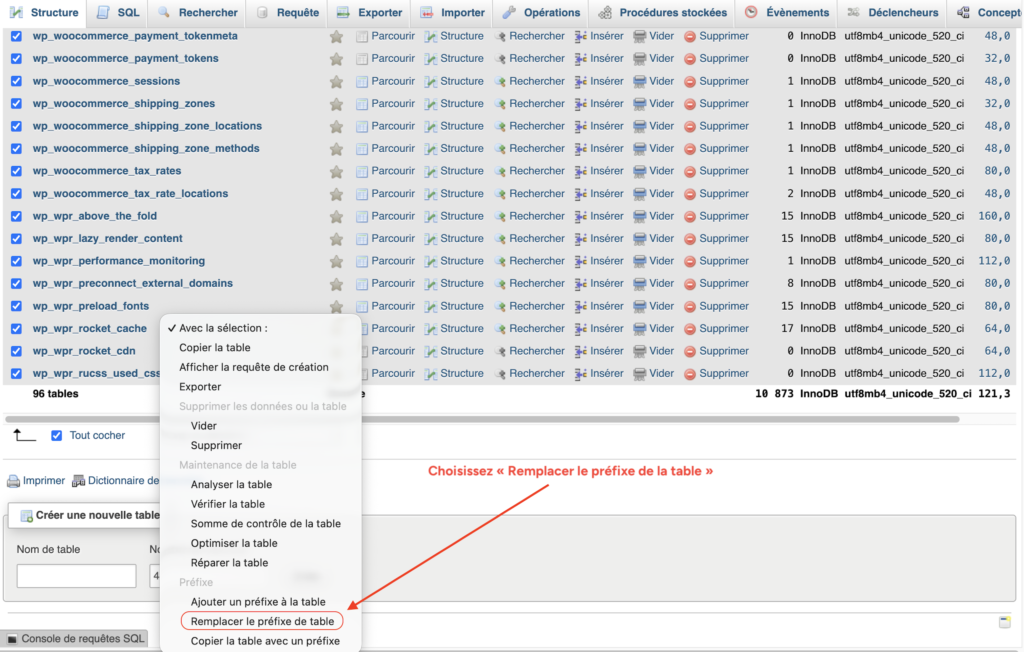 Option "Remplacer le préfixe de table" dans le menu "Avec la sélection" de phpMyAdmin.