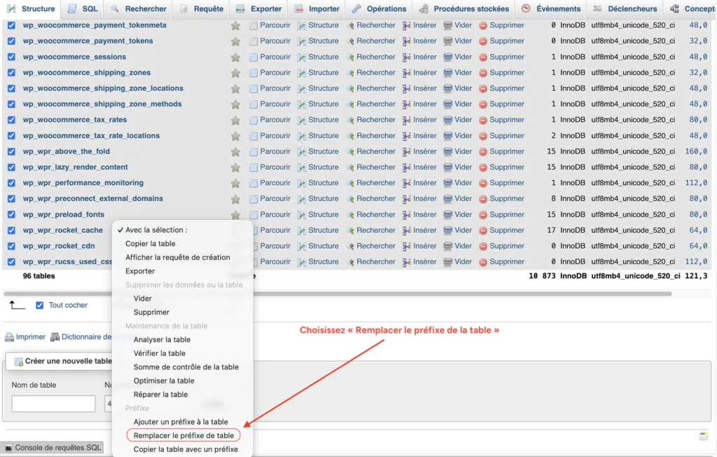 Option "Remplacer le préfixe de table" dans le menu "Avec la sélection" de phpMyAdmin.