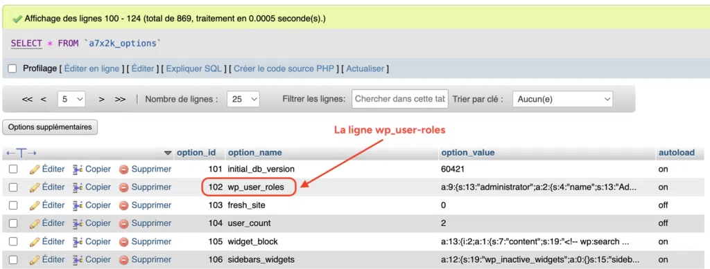 Ligne wp_user_roles à repérer dans la table des options WordPress.
