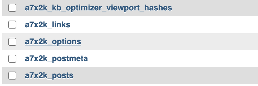 Liste des tables WordPress renommées avec le préfixe a7x2k_ dans phpMyAdmin, dont la table des options a7x2k_options.