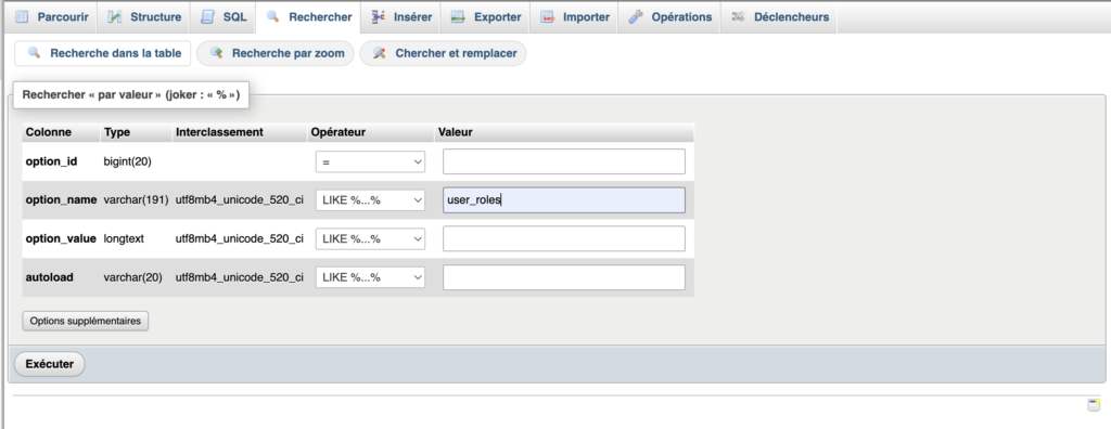 Recherche de la ligne user_roles dans la table des options de phpMyAdmin.