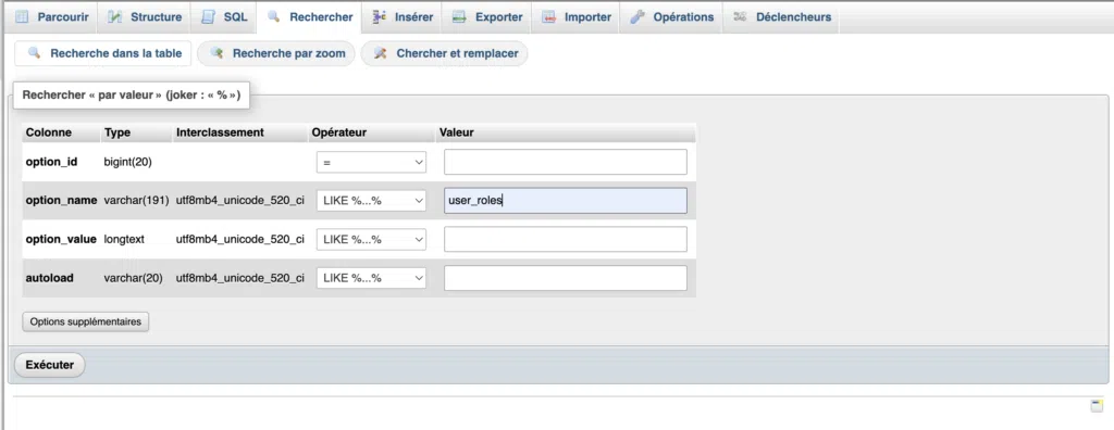 Recherche de la ligne user_roles dans la table des options de phpMyAdmin.