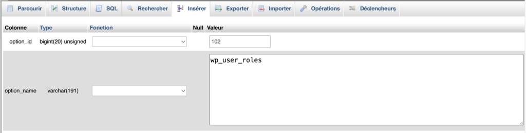Champ wp_user_roles avant renommage dans phpMyAdmin.