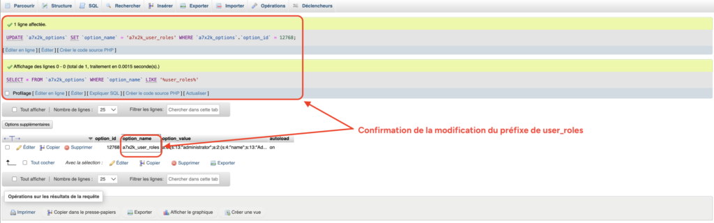 Confirmation du renommage de la ligne user_roles dans phpMyAdmin.
