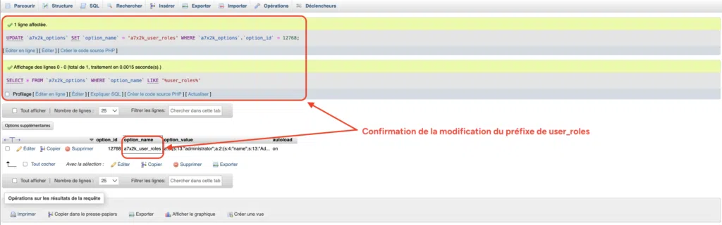 Confirmation du renommage de la ligne user_roles dans phpMyAdmin.