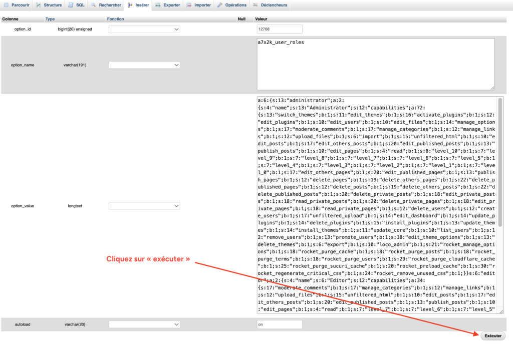 Ligne user_roles renommée et sa valeur de rôles dans phpMyAdmin