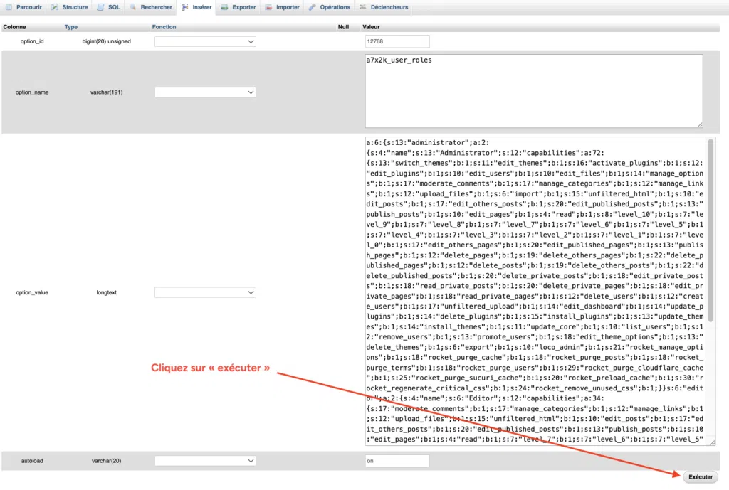 Ligne user_roles renommée et sa valeur de rôles dans phpMyAdmin