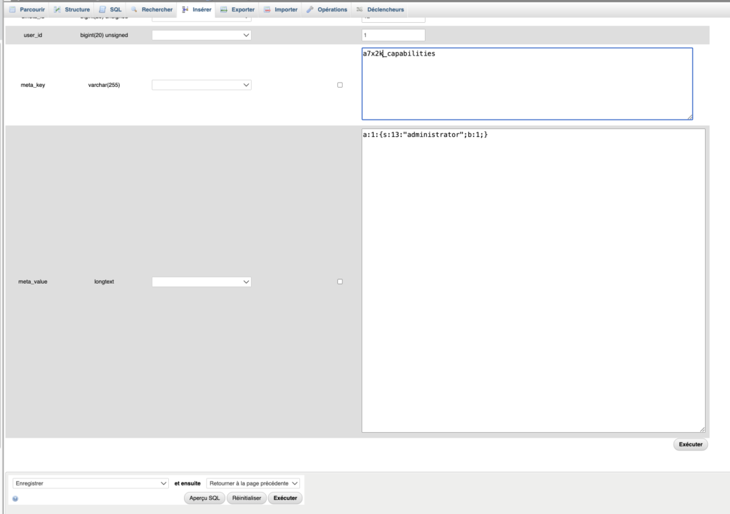 Clé a7x2k_capabilities après renommage dans la table usermeta.