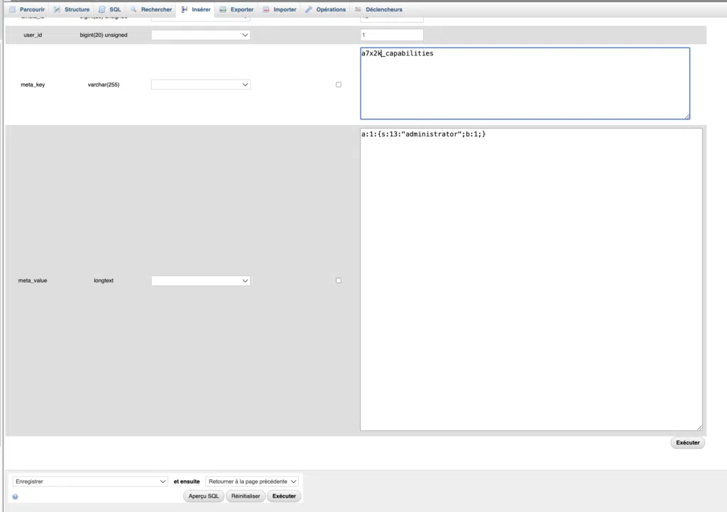 Clé a7x2k_capabilities après renommage dans la table usermeta.