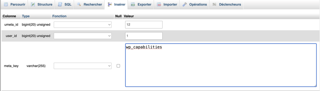 Clé wp_capabilities avant renommage dans la table usermeta.
