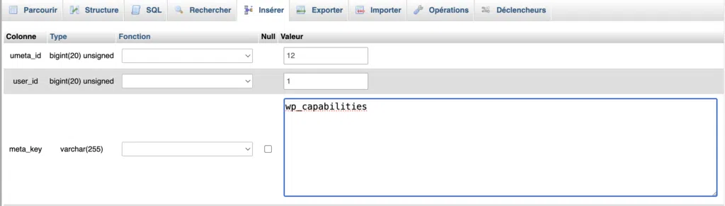 Clé wp_capabilities avant renommage dans la table usermeta.