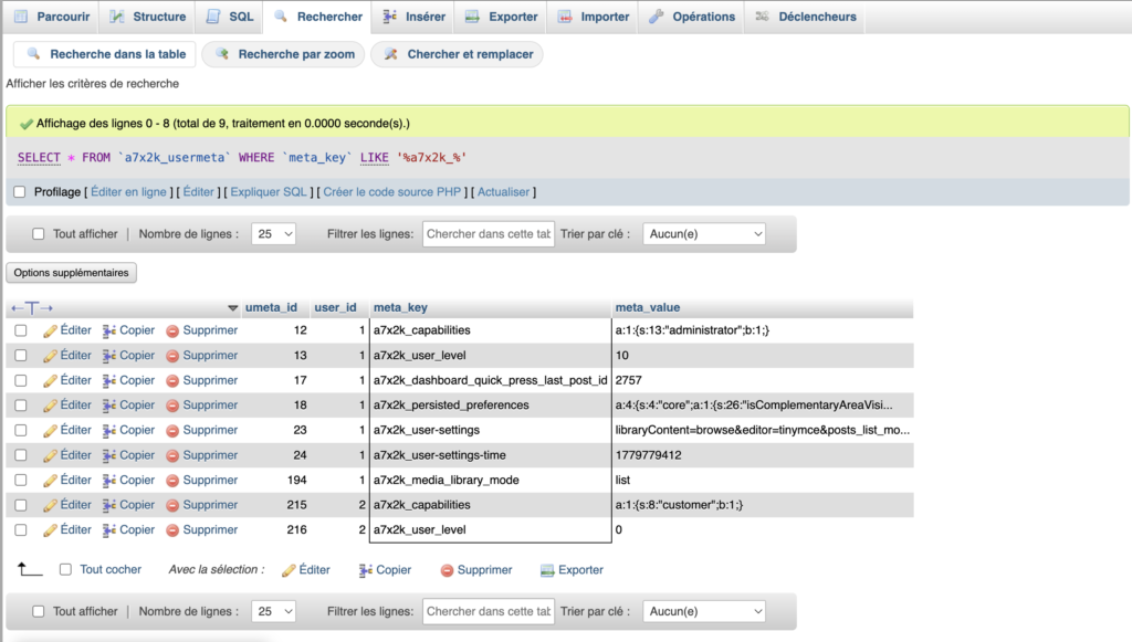 Clés usermeta renommées avec le nouveau préfixe a7x2k_ dans phpMyAdmin.