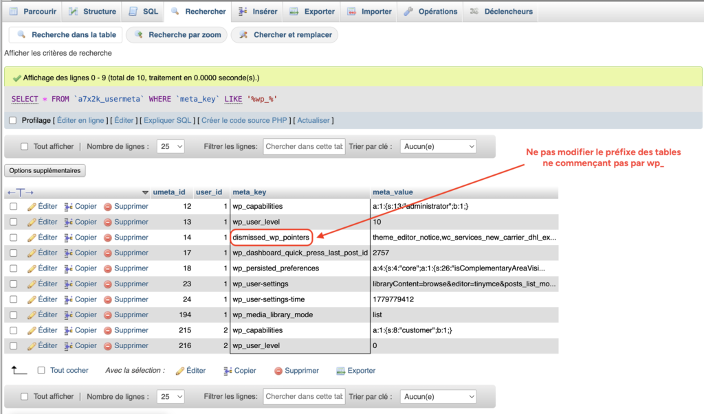 : Clés meta_key avec le préfixe wp_ à renommer dans la table usermeta de WordPress.