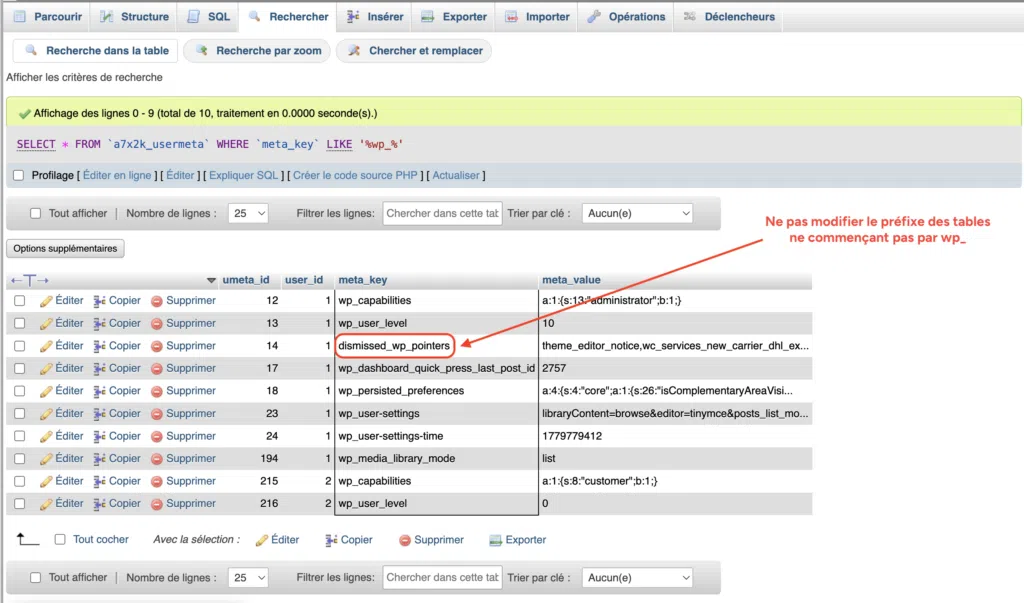 : Clés meta_key avec le préfixe wp_ à renommer dans la table usermeta de WordPress.
