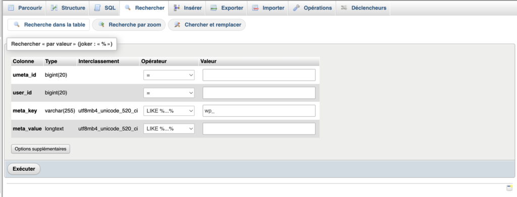 Recherche des clés meta_key commençant par wp_ dans la table usermeta.