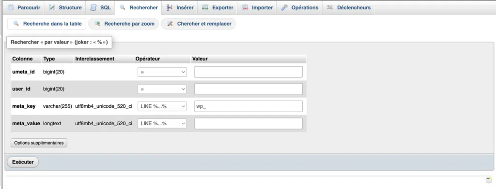 Recherche des clés meta_key commençant par wp_ dans la table usermeta.