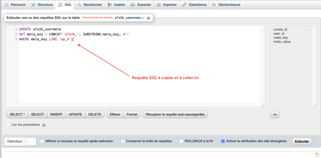 Requête CONCAT SUBSTRING pour renommer les clés usermeta dans phpMyAdmin.