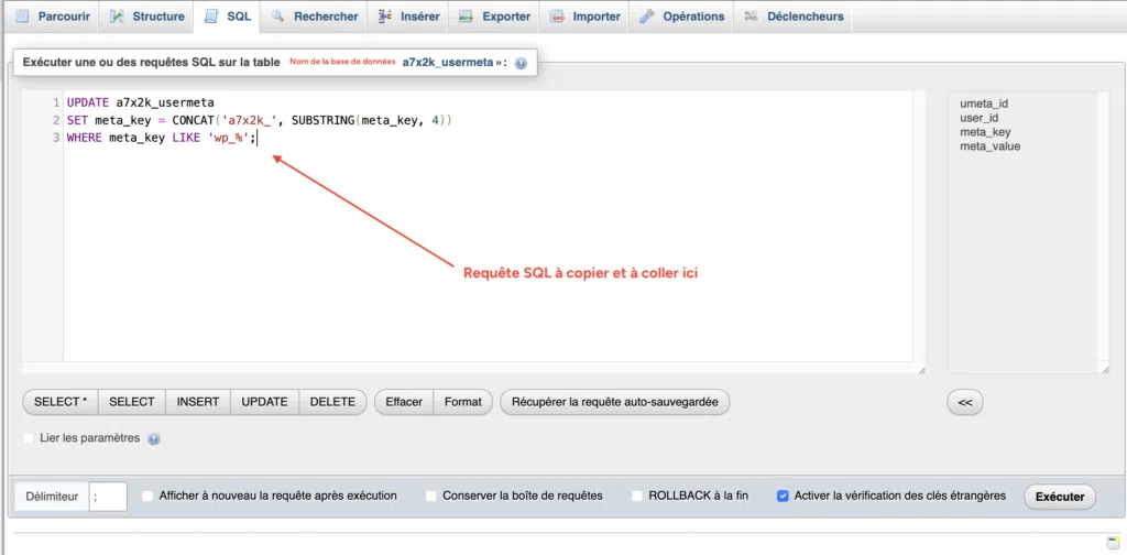 Requête CONCAT SUBSTRING pour renommer les clés usermeta dans phpMyAdmin.