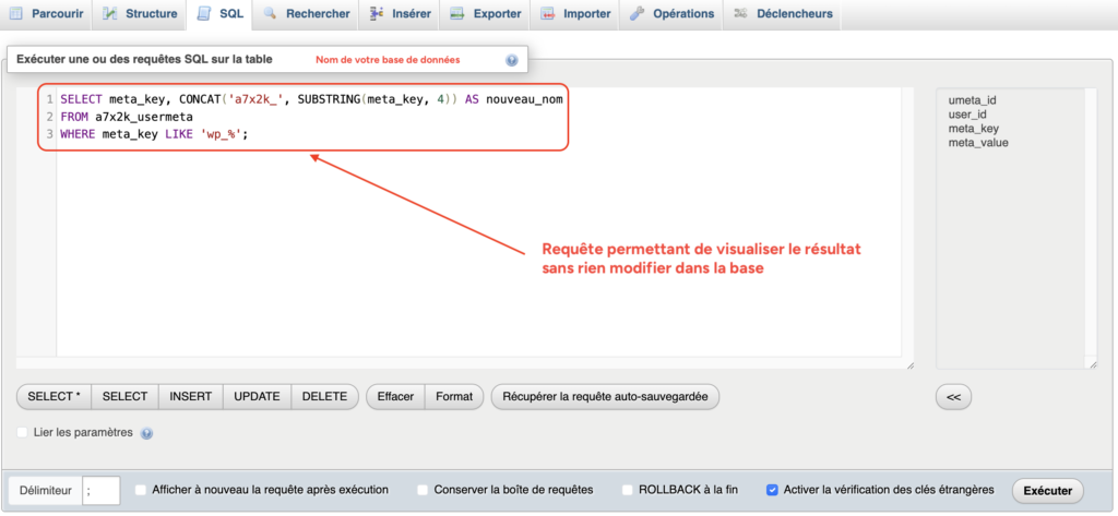 Requête SELECT de contrôle pour prévisualiser le renommage des clés avant modification dans phpMyAdmin.