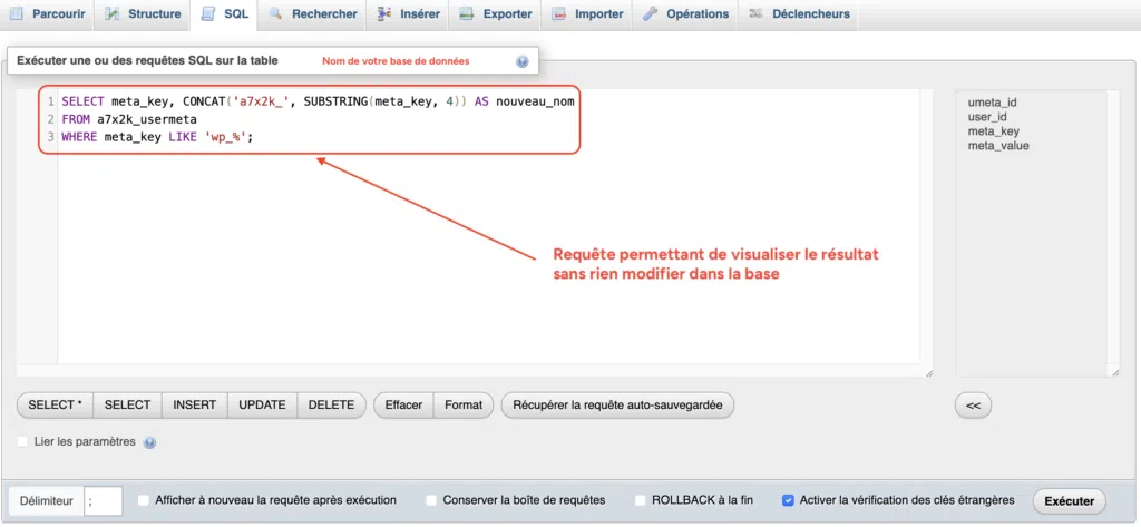 Requête SELECT de contrôle pour prévisualiser le renommage des clés avant modification dans phpMyAdmin.