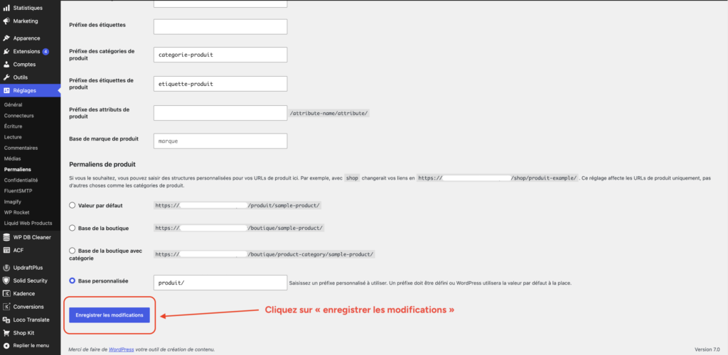 Page des réglages de permaliens WordPress avec le bouton "Enregistrer les modifications" à cliquer après le changement de préfixe.