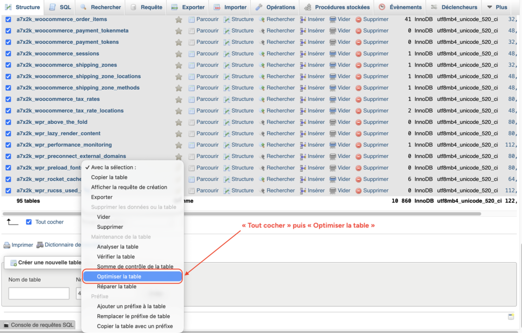 Option "Optimiser la table "dans le menu "Avec la sélection" de phpMyAdmin après changement de préfixe.