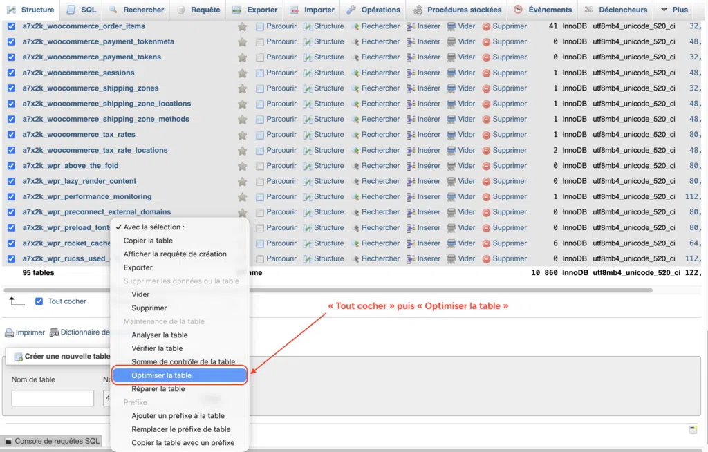 Option "Optimiser la table "dans le menu "Avec la sélection" de phpMyAdmin après changement de préfixe.