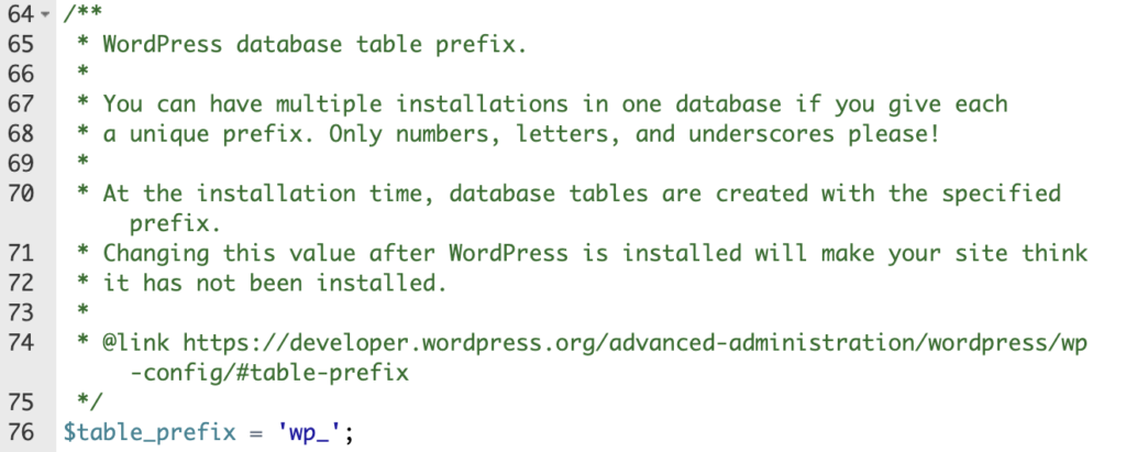 Ligne table_prefix dans wp-config.php avec le préfixe wp_ par défaut de WordPress.