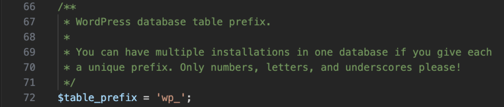 Ligne table_prefix dans le fichier wp-config.php de WordPress.
