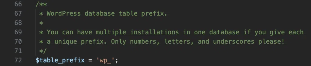 Ligne table_prefix dans le fichier wp-config.php de WordPress.