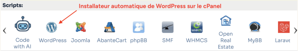 Liste des scripts disponibles dans Softaculous sur cPanel, avec l'icône WordPress mise en évidence par une flèche parmi Joomla, phpBB, WHMCS et les autres applications proposées.