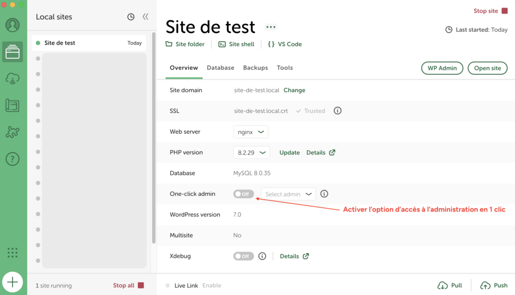 Activation de l'option one-click admin pour se connecter sans identifiant sur Local.
