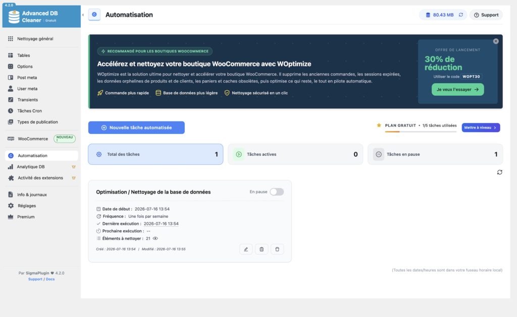 Panneau Automatisation d'Advanced Database Cleaner avec une tâche d'optimisation et de nettoyage planifiée sur une fréquence hebdomadaire.