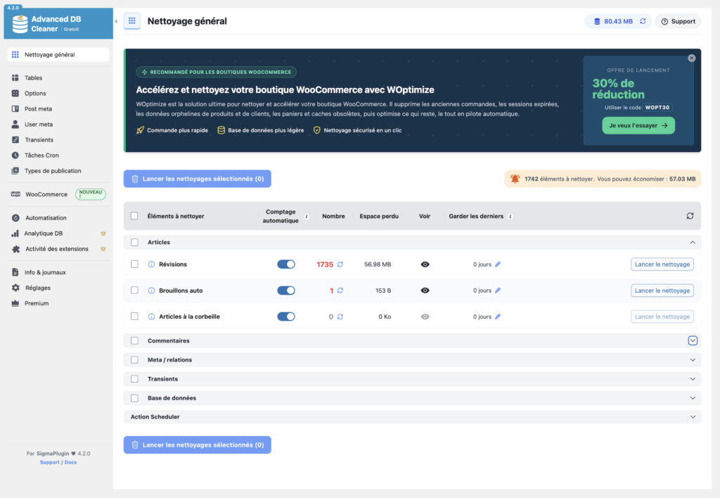 Panneau Nettoyage général d'Advanced Database Cleaner listant les révisions, brouillons auto et articles à la corbeille avec leur nombre.
