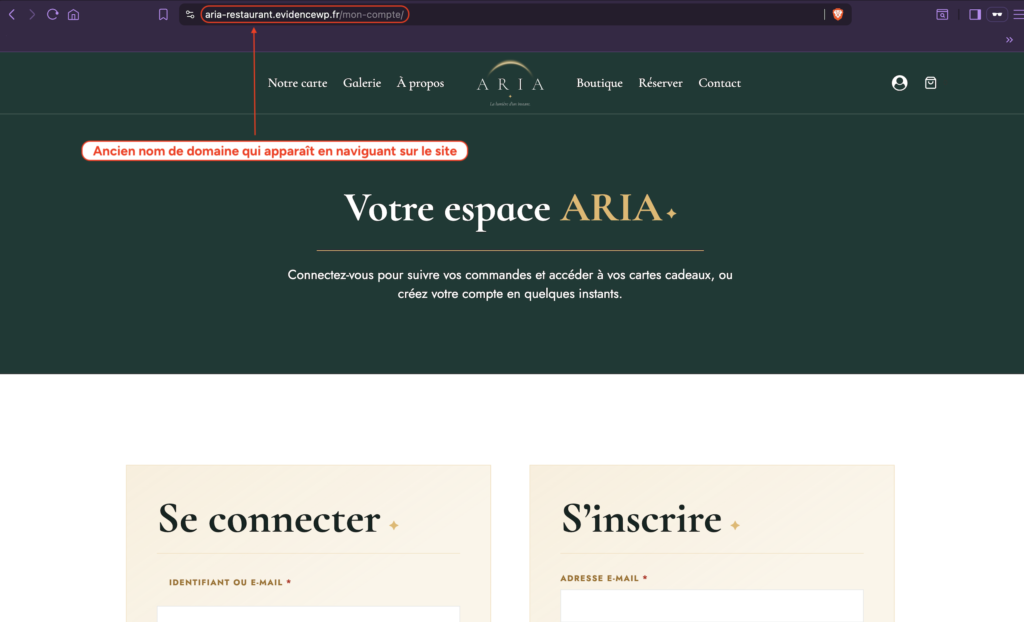 Page du site affichant encore l'ancien domaine de production dans la barre d'adresse après un clic sur un lien interne.