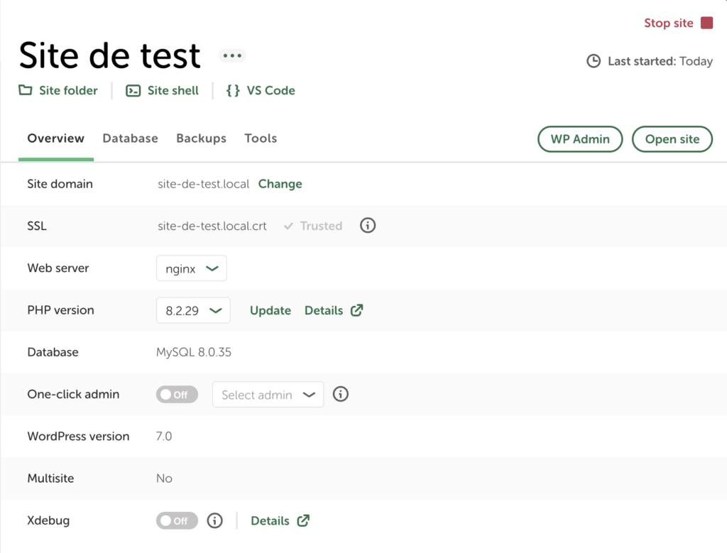 Vue d'ensemble d'un site sur Local avec domaine, SSL, PHP, base de données et version WordPress.