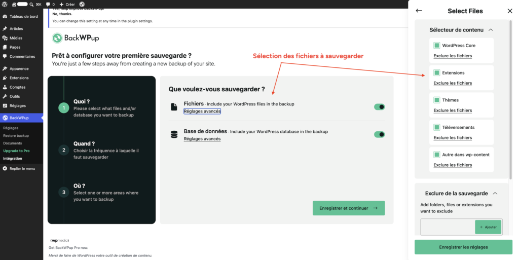 Interface BackWPup, étape 1 de la configuration, sélecteur de contenu avec les options "Fichiers" et "Base de données" activées.
