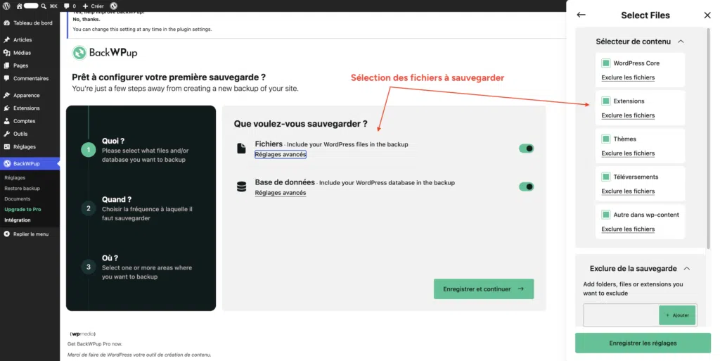 Interface BackWPup, étape 1 de la configuration, sélecteur de contenu avec les options "Fichiers" et "Base de données" activées.
