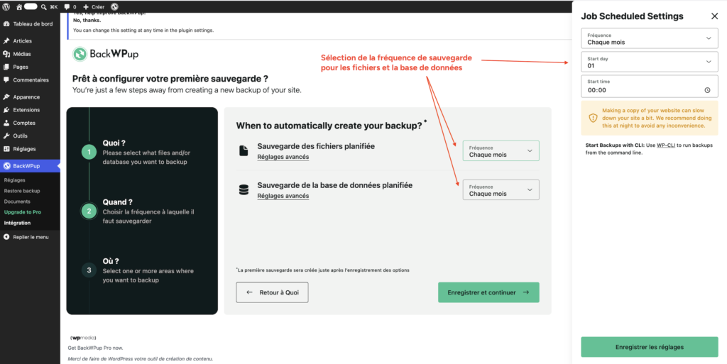 Réglages de fréquence de sauvegarde planifiée pour les fichiers et la base de données dans BackWPup.