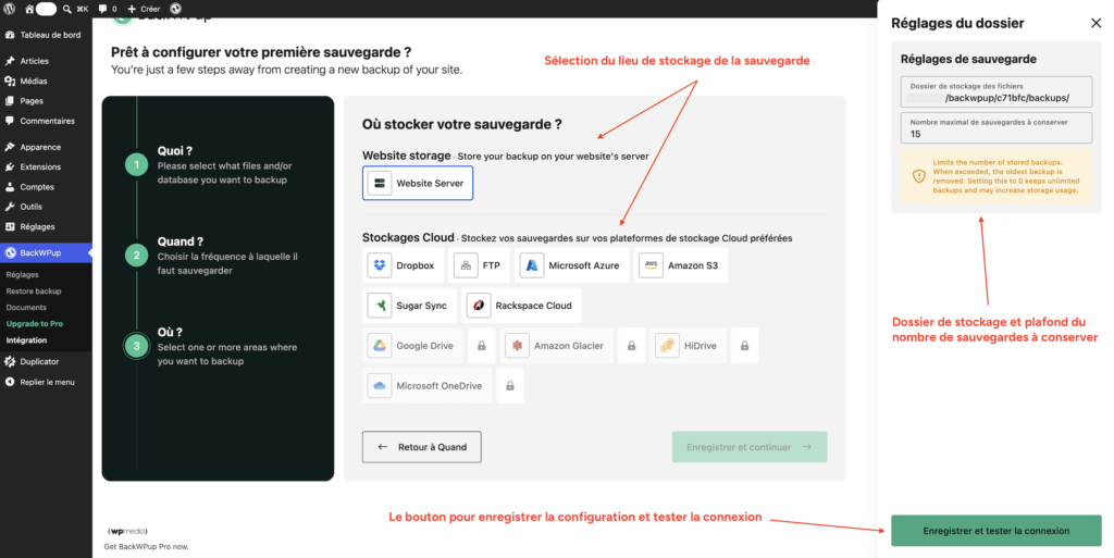 Choix du lieu de stockage de la sauvegarde BackWPup, serveur du site ou stockage cloud.