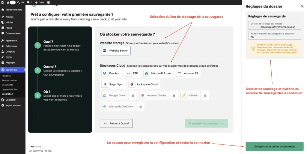 Choix du lieu de stockage de la sauvegarde BackWPup, serveur du site ou stockage cloud.