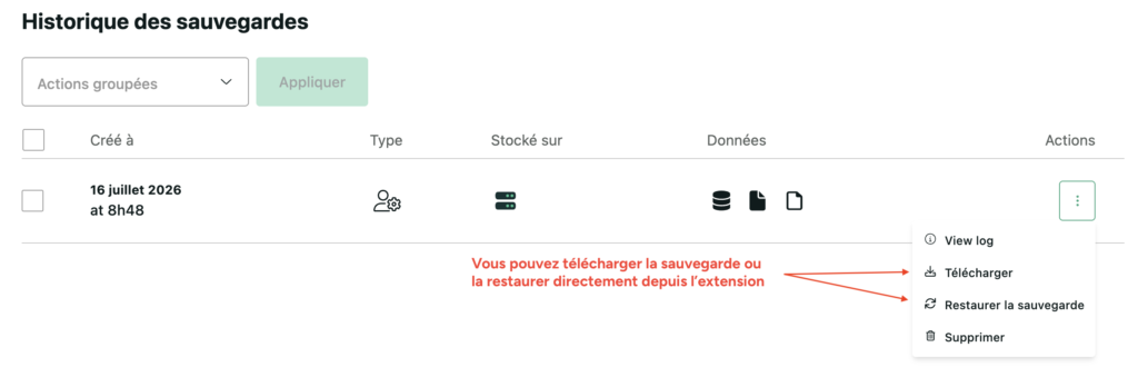 Menu d'actions d'une sauvegarde dans l'historique BackWPup avec les options "voir le journal", "télécharger", "restaurer" et "supprimer".