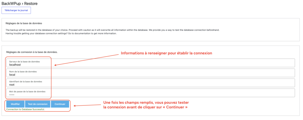 Formulaire de connexion à la base de données de destination dans BackWPup avec serveur, nom, identifiant et mot de passe.