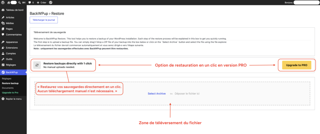 Page de restauration BackWPup avec zone de téléversement manuel du fichier et mise en avant de la restauration directe réservée à la version Pro.