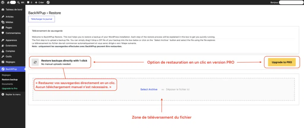 Page de restauration BackWPup avec zone de téléversement manuel du fichier et mise en avant de la restauration directe réservée à la version Pro.