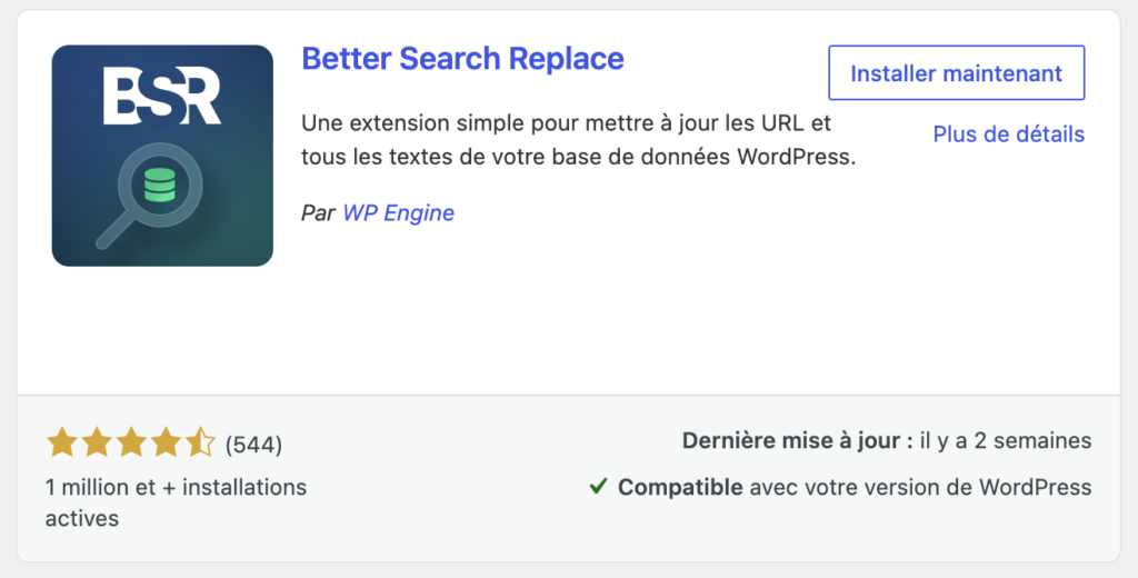Fiche d'installation de l'extension gratuite Better Search Replace par WP Engine dans le répertoire WordPress.