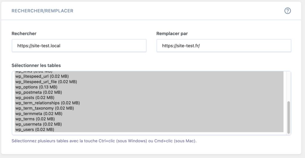 Formulaire Better Search Replace rempli avec l'ancienne et la nouvelle adresse du site, et les tables sélectionnées.