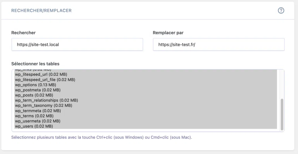 Formulaire Better Search Replace rempli avec l'ancienne et la nouvelle adresse du site, et les tables sélectionnées.